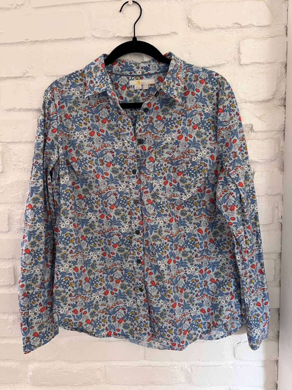 Boden Women’s Blue Floral Button-Down Shirt with Orange & White Accents